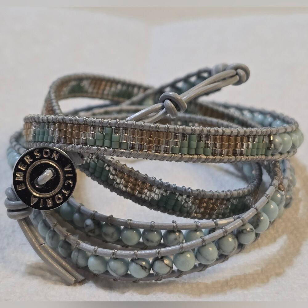 Victoria Emerson Grey Leather and Multi Stone Aztec Wrap Bracelet, 36" Long New